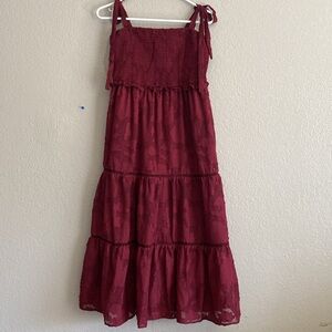 Lulus Float to Love Burgundy Jacquard Smocked Tie-Strap Midi Dress